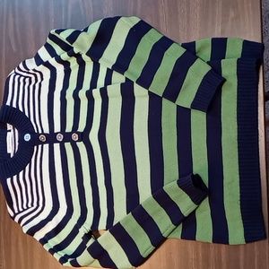 Liz Claiborne Vintage Green Stripe Sweater w Silver Colored Buttons XL